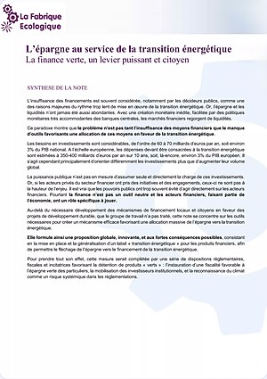 Première page de la note L’épargne au service de la transition énergétique